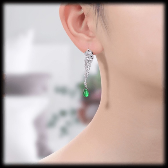 Genevive Sterling Silver Rhodium Plated Emerald and Clear CZ Fauna Drop Earrings - Picture 3 of 5